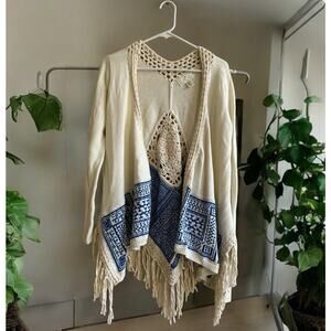 NEW Ruby Moon Ivory Blue Boho Crochet Fringe‎ Cardigan Aztec Native American S